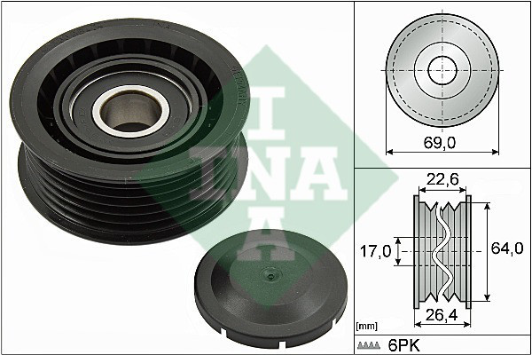 Ролик приводного ремня (паразитный, INA 532 0160 10, 26.4x69-6PK, 2.5-3.6) Audi(Ауди) A(А)5 B(В/Б)8 - фото 1 - id-p779025761