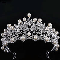 Весільна діадема, корона, тіара на голову для нареченої з перлами посрібнення 4793с