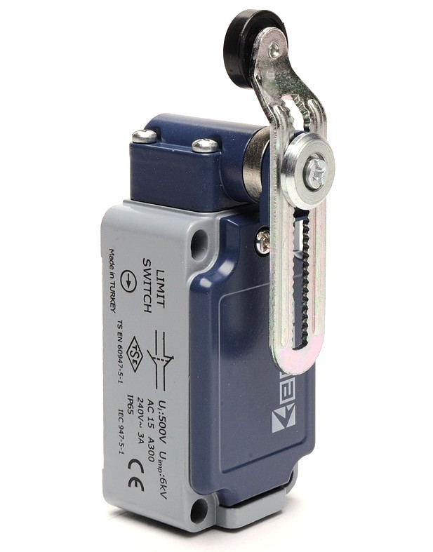 Вимикач кінцевий з пластиковим роликом d=18mm з корот. изогн. важелем і можливістю регулювання (1НО+1НЗ), фото 1