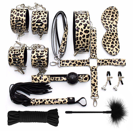 Набір БДСМ 10 в 1 Leo Kitty леопардовий Fetish BDSM Kit, фото 1