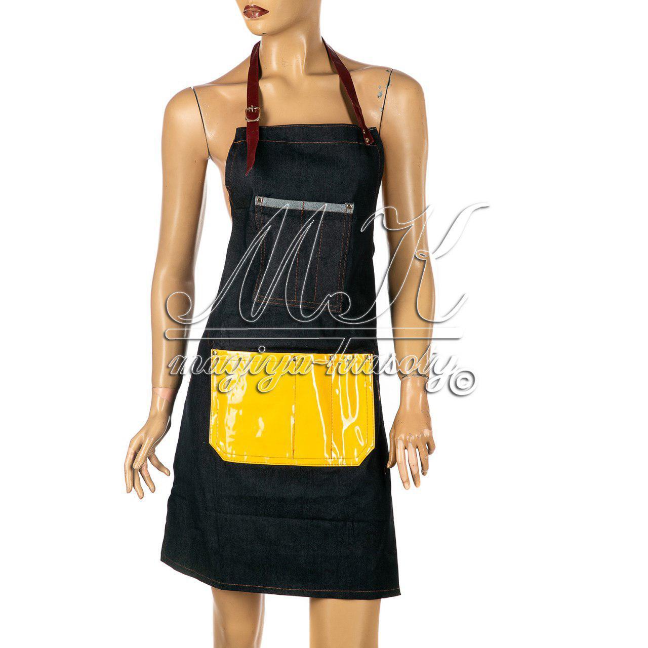 Переднік перукарський джинс із жовтою кишенею