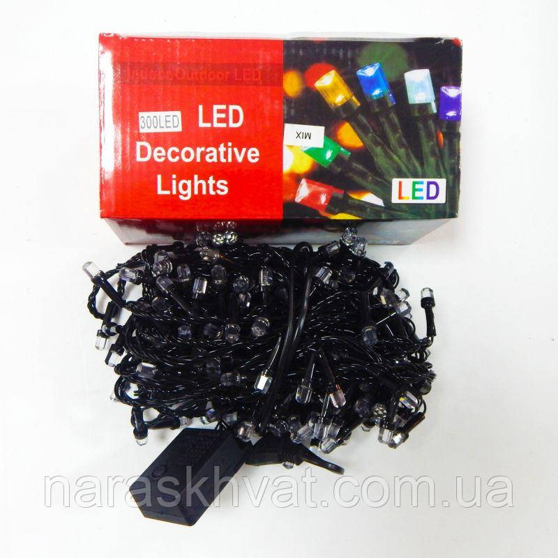 Гірлянда Нитка Кристал LED 300, теплий білий чорний дріт