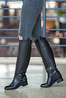 Шикарні зимові чоботи жіночі шкіряні чорні до колін зимові каблук 5 см, чоботи з високою халявою