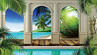Дизайн маленькой гостиной с фотообоями 368x254 см 3Д Вид на тропический пляж за арками (1526P8)+клей