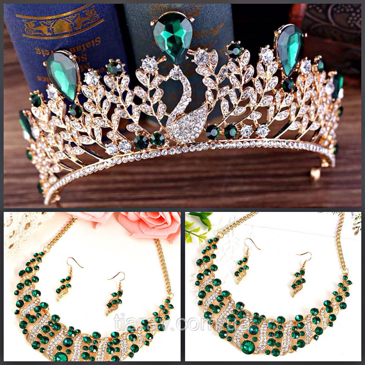 Корона кольє і сережки СКАРЛЕТ модні прикраси для волосся тіара з зеленими камінням намисто