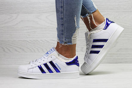 Кросівки зимові,Adidas Superstar білі з синім,на хутрі, фото 2