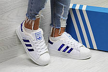 Кросівки зимові,Adidas Superstar білі з синім,на хутрі, фото 2