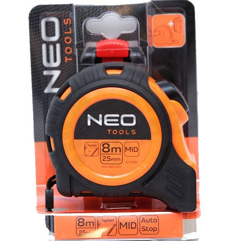Рулетка Neo, сталева стрічка, 8 м x 25 мм, з фіксатором selflock, засувка, фото 1