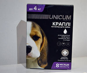 Краплі для собак від бліх, кліщів і глистів Unicum Premium Унікум Преміум Плюс до 4 кг