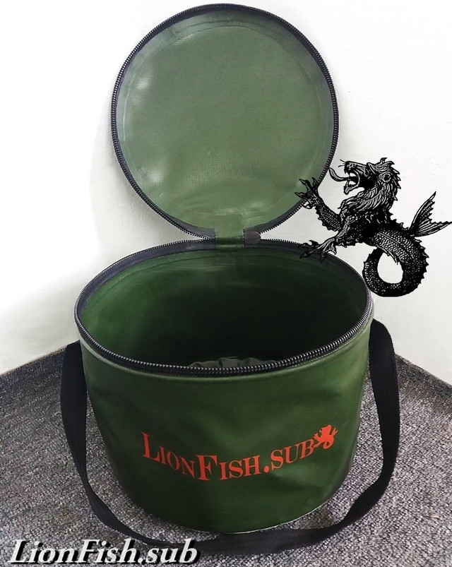 Складное рыболовное ведро для прикормки от производителя "LionFish.sub". Skladnyye Vodra LionFish.sub dlya rybalki, prikormki, okhoty. Udobnaya Germo sumka dlya trofeyev