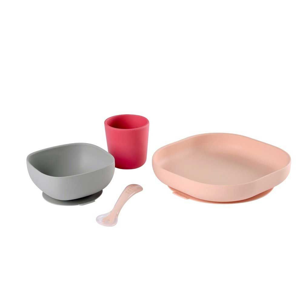 Набір силіконового посуду на присосках Beaba Колір — Персиковий, сірий, рожевий (913429)