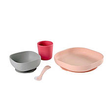 Набір силіконового посуду на присосках Beaba Колір — Персиковий, сірий, рожевий (913429)