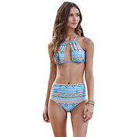 Halter Cut out Mix Printed High Waist Bottom Bikini