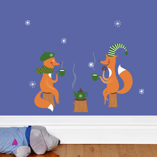 Новорічний декор Лисьє чаювання (вінілові самоклеючі наклейки звірі ліс) матова 860х600 мм, фото 1