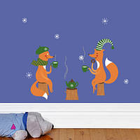 Новогодний декор Лисье чаепитие (виниловые самоклеющиеся наклейки звери лес) матовая 860х600 мм