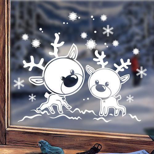 Інтер'єрна новорічна наклейка Олені (оленята сніжинки роги сніг зима новорічний декор) матова 700х625 мм