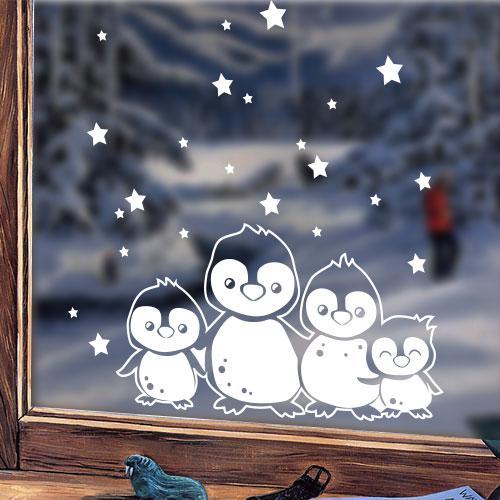 Новорічні наклейки на вікно Зимові пінгвіни (декор сніжинки зірочки символ нового року) матова 700х720 мм