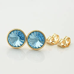Сережки з кристалами Swarovski 21399 розмір 10х10 мм колір аквамариновий позолота 18К