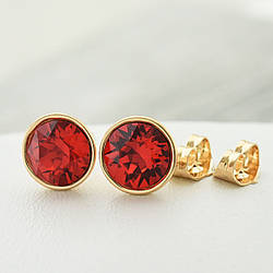 Сережки з кристалами Swarovski 2140018КV1 розмір 10х10 мм колір червоний позолота 18К