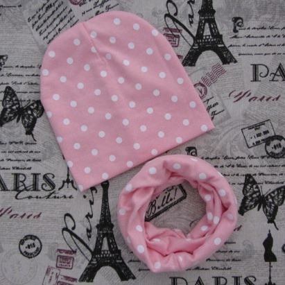 Дитяча шапка і шарф-хомут рожева в горошок, фото 1
