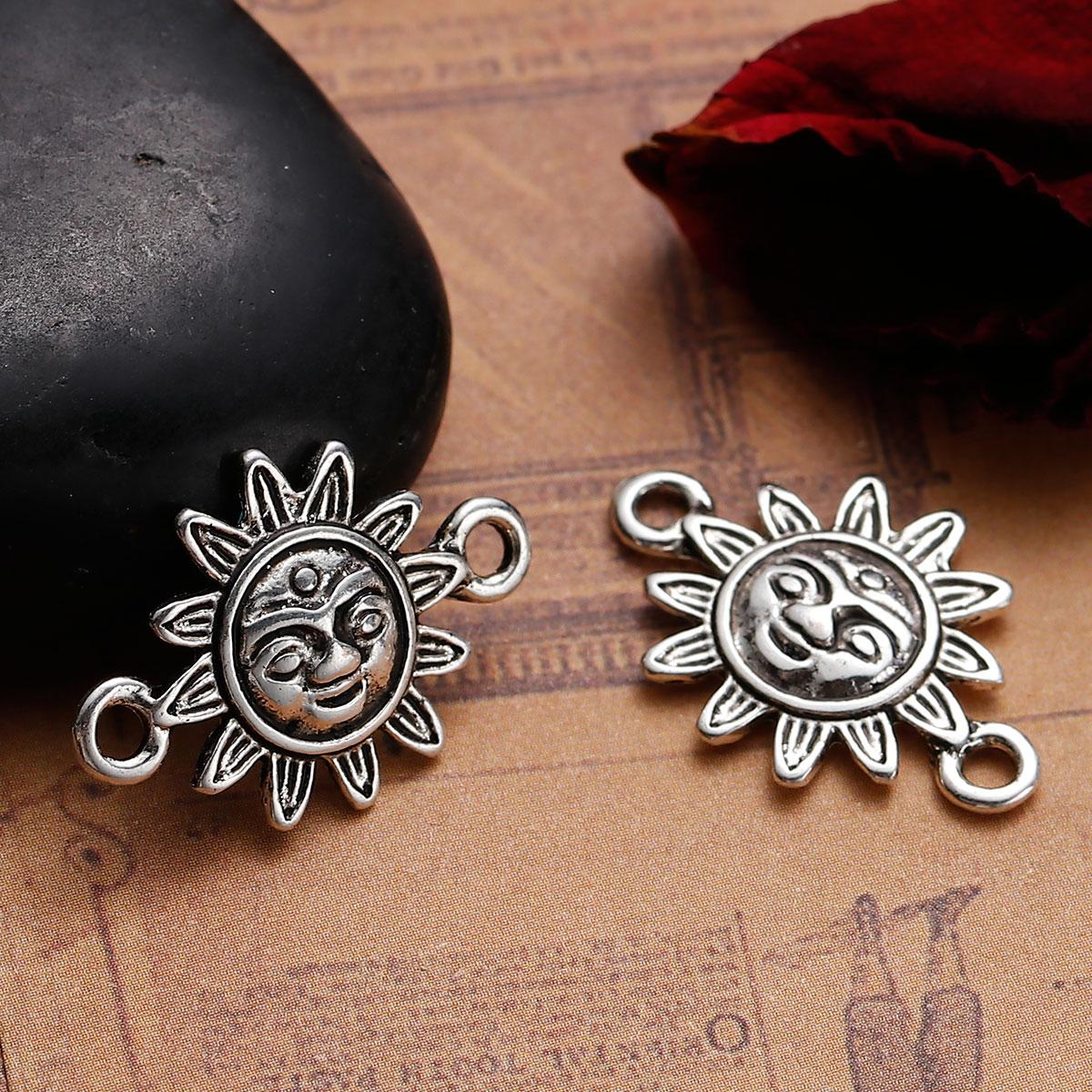 Коннектор " Солнце ", Цвет: Античное серебро, Богемный стиль, 23 мм x 16 мм