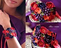Фиолетовый браслет на руку с цветами из полимерной глины "Виноградный фреш"