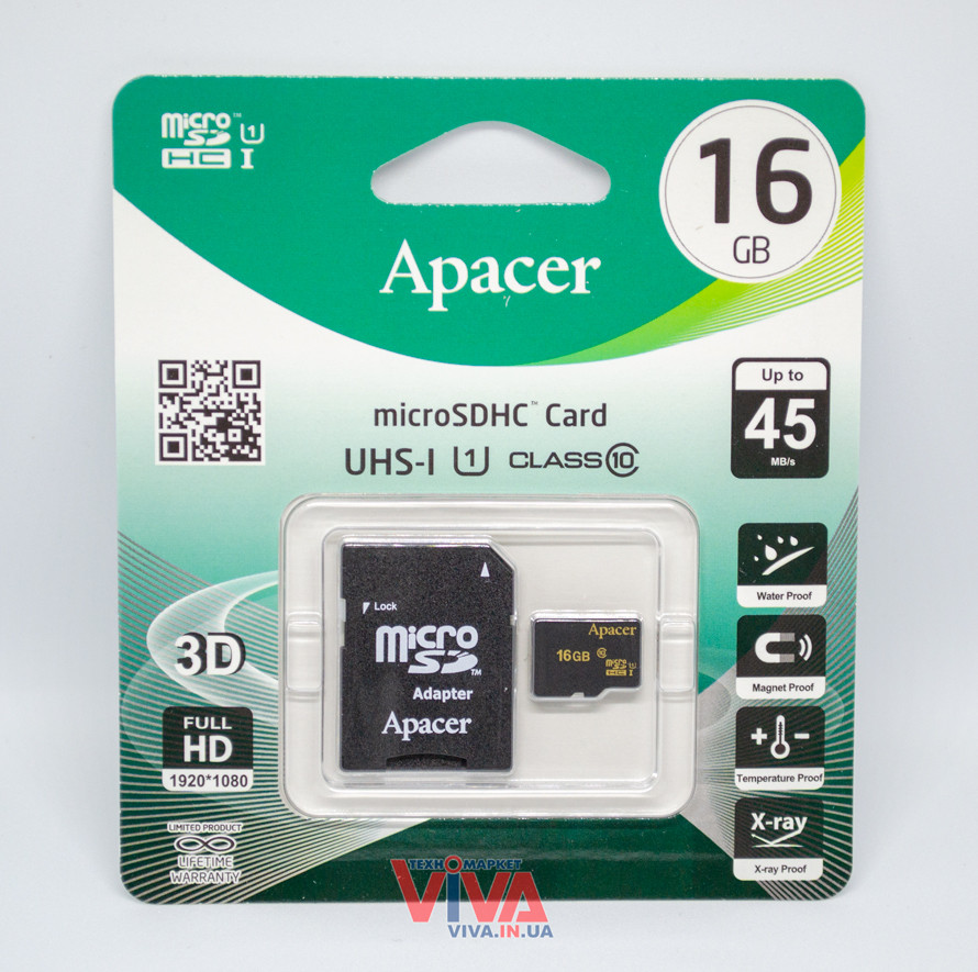 Картка пам'яті microSD Apacer 16 GB class 10 UHS-I U1 + SD Adapter (AP16GMCSH10U1-R)