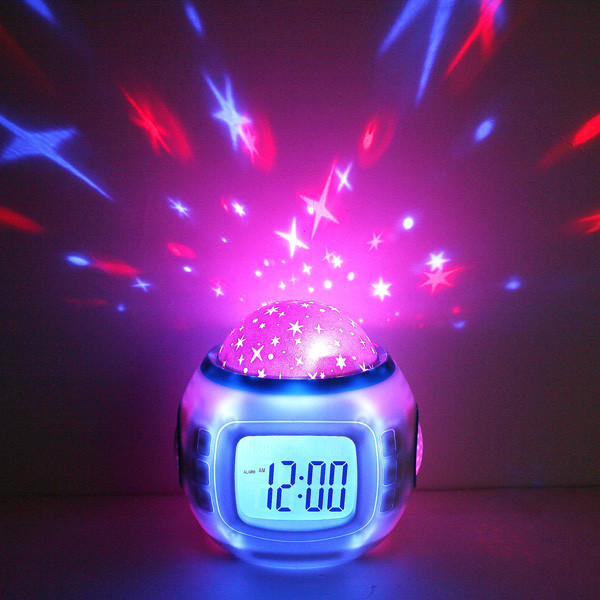 Музичний годинник будильник із проектором зірок нічник 1038 працює від батарейок проєктор у дитячу
