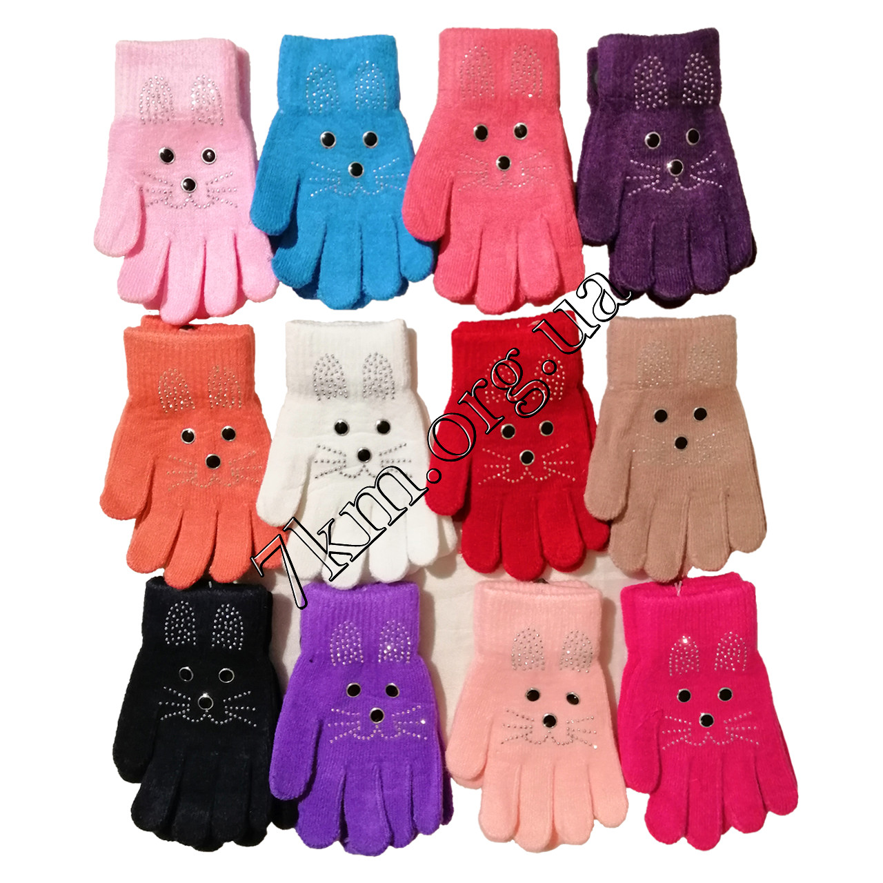 Перчатки детские одинарные +начес для девочек "Кролики" 4-6 лет Оптом 5834 M, фото 1