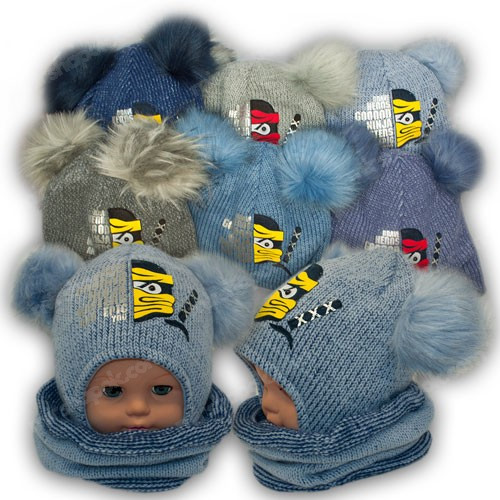 ОПТ Шапка з двома помпоном і шарф-хомут для хлопчика, р. 48-50 (5 шт./набір), фото 1