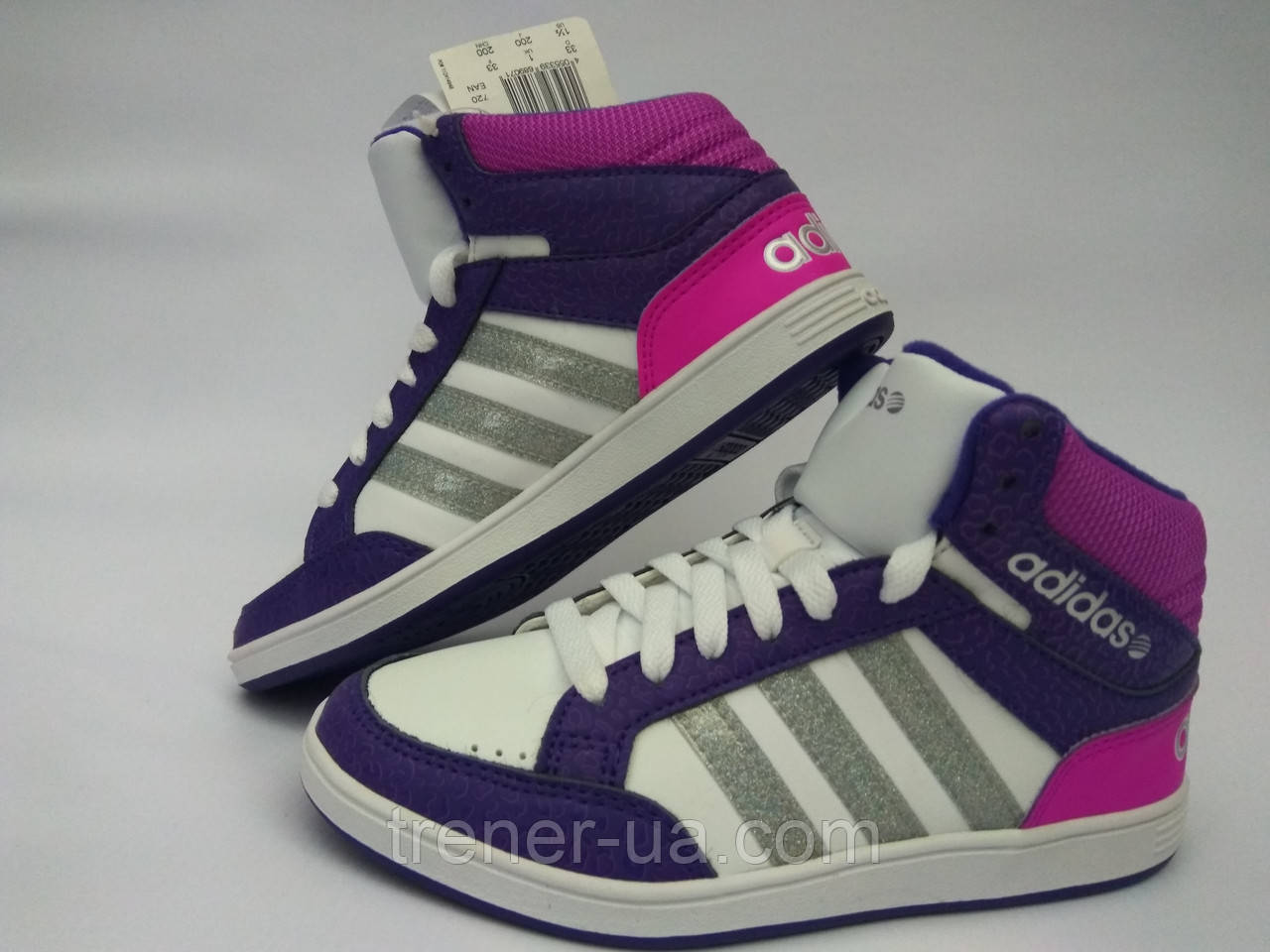 Кросівки високі для дівчаток/кеди в стилі Adidas дитячі/біло-фіолетові кросівки жіночі/модні кросівки