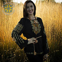 Вишиванка жіноча "Ілюзія" на чорному шифоні, вишита блуза жовтими та світло коричневим нитками