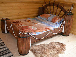 Ліжко двоспальне під старовину (з декорованим штурвалом корабля та бочками)
