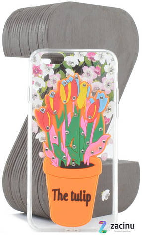 Чохол-накладка TPU для iPhone 6/6S Flowers diamonds ser. Квіти(The tulip) Прозорий/оранжевий, фото 1
