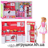 Кукла Defa 8085 с кухонным гарнитуром и холодильником, розовый наряд