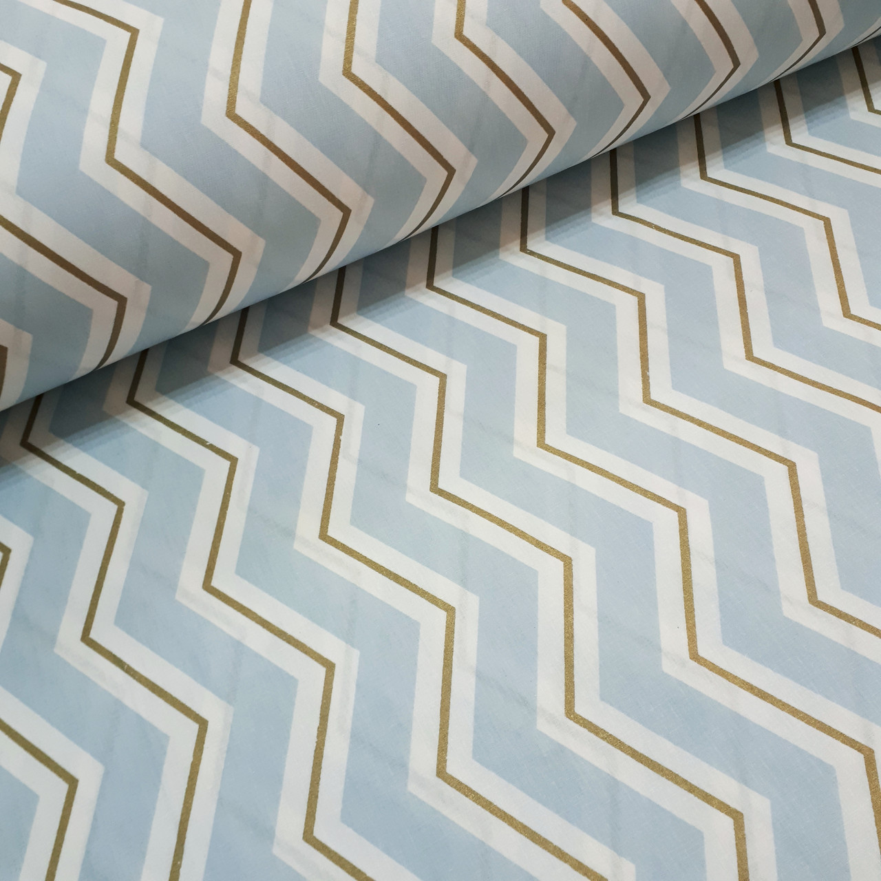 Тканина поплін зиґзаґ блакитний широкий із золотим глітером (ТУРЦІЯ шир. 2,4 м) (R-G-0285), фото 1