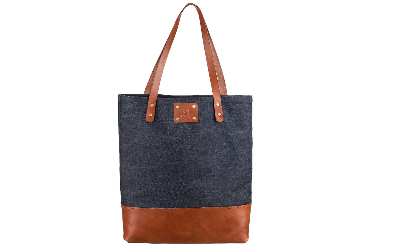 Сумка універсальна комбінована з натуральної шкіри і тканини денім «Shopper bag», фото 1