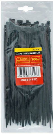 Хомути (стяжки) пластикові 3,6х150мм чорні INTERTOOL TC-3616 (100 шт), фото 1