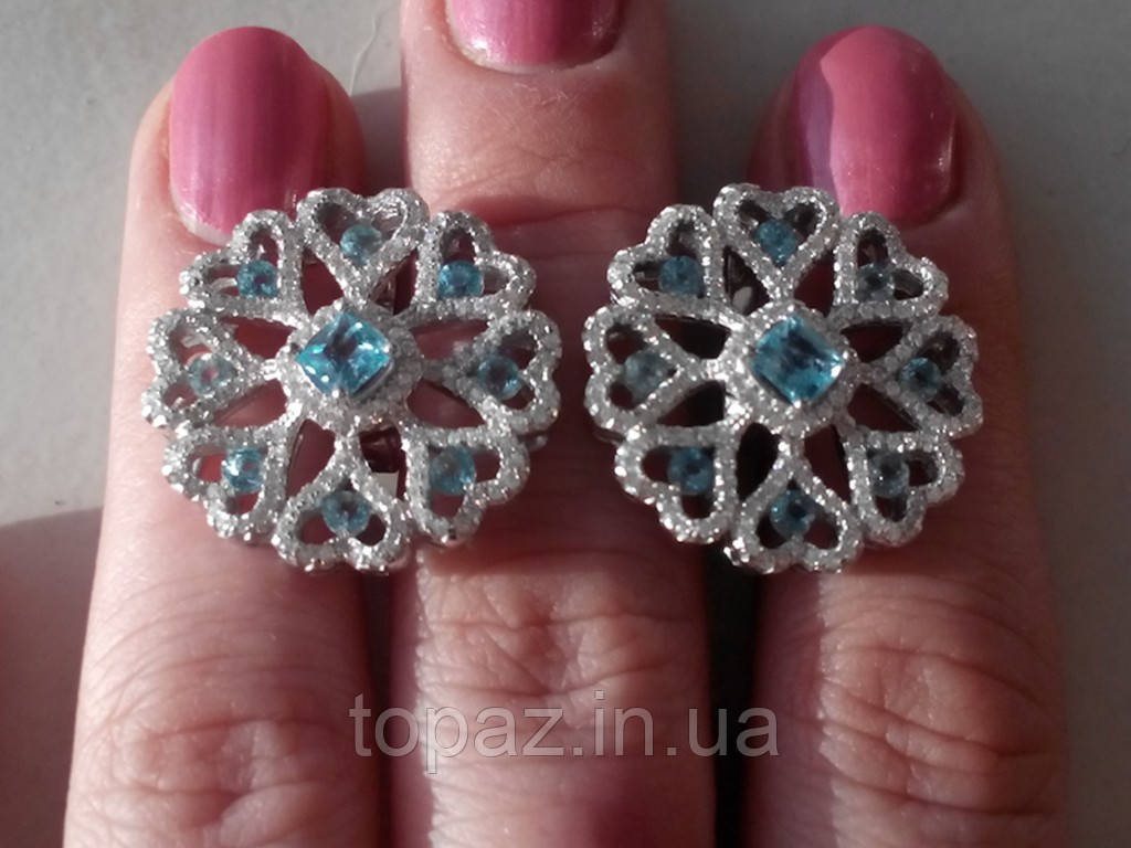 Сережки срібні 925 натуральний блакитний топаз, цирконій.