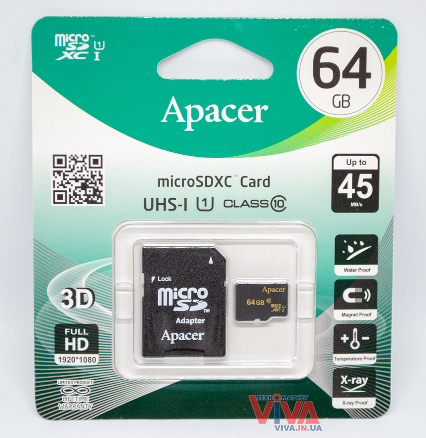 Карта пам'яті Apacer microSDXC 64 GB class 10 UHS-I U1 + SD Adapter (AP64GMCSX10U1-R)