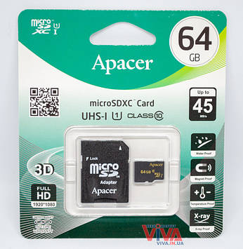 Карта пам'яті Apacer microSDXC 64 GB class 10 UHS-I U1 + SD Adapter (AP64GMCSX10U1-R)