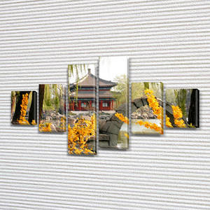 Картина модульна Будинок і квітучі дерева на ПВХ тканини, 80x135 см, (30x20-2/40х20-2/75x20-2)