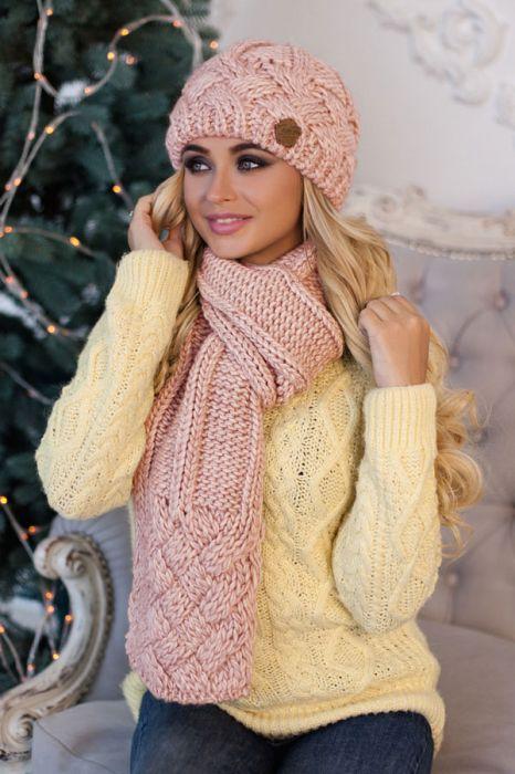 Зимовий жіночий комплект «Дюран» (шапка і шарф) Пудра