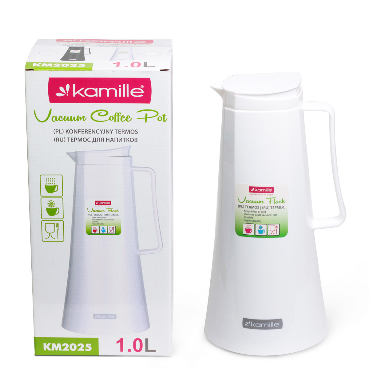 Термос Kamille Білий для чаю і кави на 1000мл пластиковий зі скляною колбою KM-2025