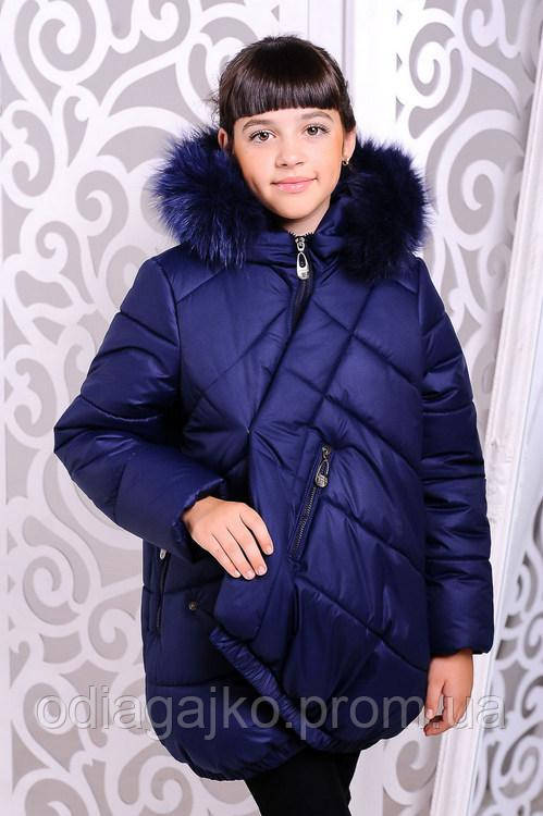 Куртка дитяча для дівчинки зима Еліс джинс 128см натуральний песець, капюшон незнімний