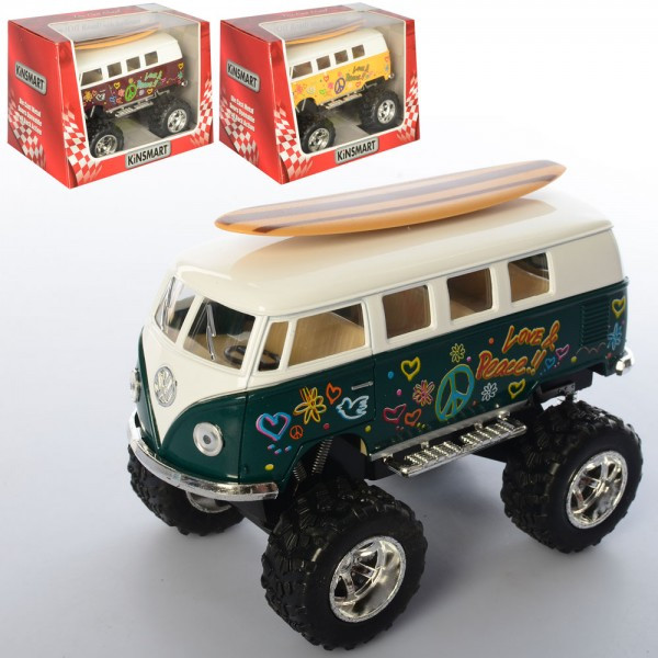 Металева машинка Kinsmart KT5060WFBS1 VW BUS на великих колесах із серфінгом, 1:32KT5060WFBS, фото 1