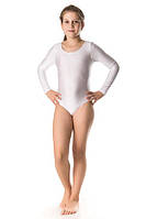 Детский гимнастический купальник с длинным рукавами боди белый бифлекс (4-16 лет)