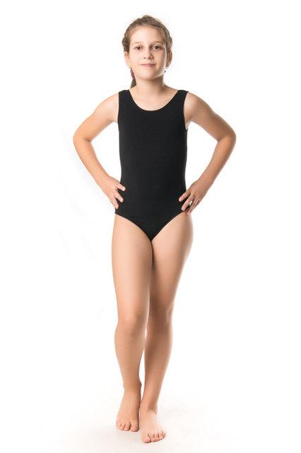 Детский гимнастический купальник -майка без рукава боди черный трикотажный от 4- до 16 лет