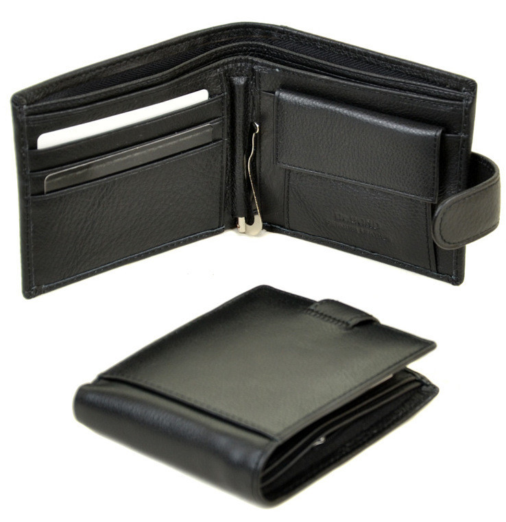 Гаманець чоловічий чорний шкіряний із затискачем три відділи для грошей на кнопці Dr. Bond M13-1 розмір 11,5х9,5х3см