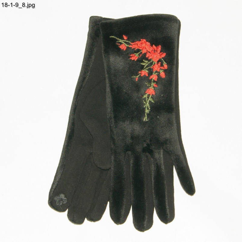 Жіночі трикотажно-велюрові рукавички для сенсорних телефонів з вишивкою - №18-1-9 Чорний, фото 2
